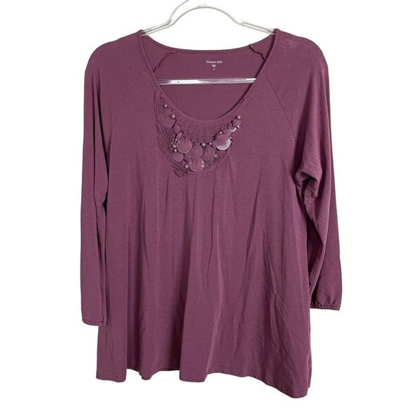 Garnet Hill Grape Purple Embellished Neck 3/4 Sleeve Tunic Top Size M - Picture 1 of 6